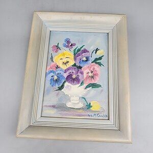 Vintage PANSIES IN VASE original oil painting Signed On board 9x7"